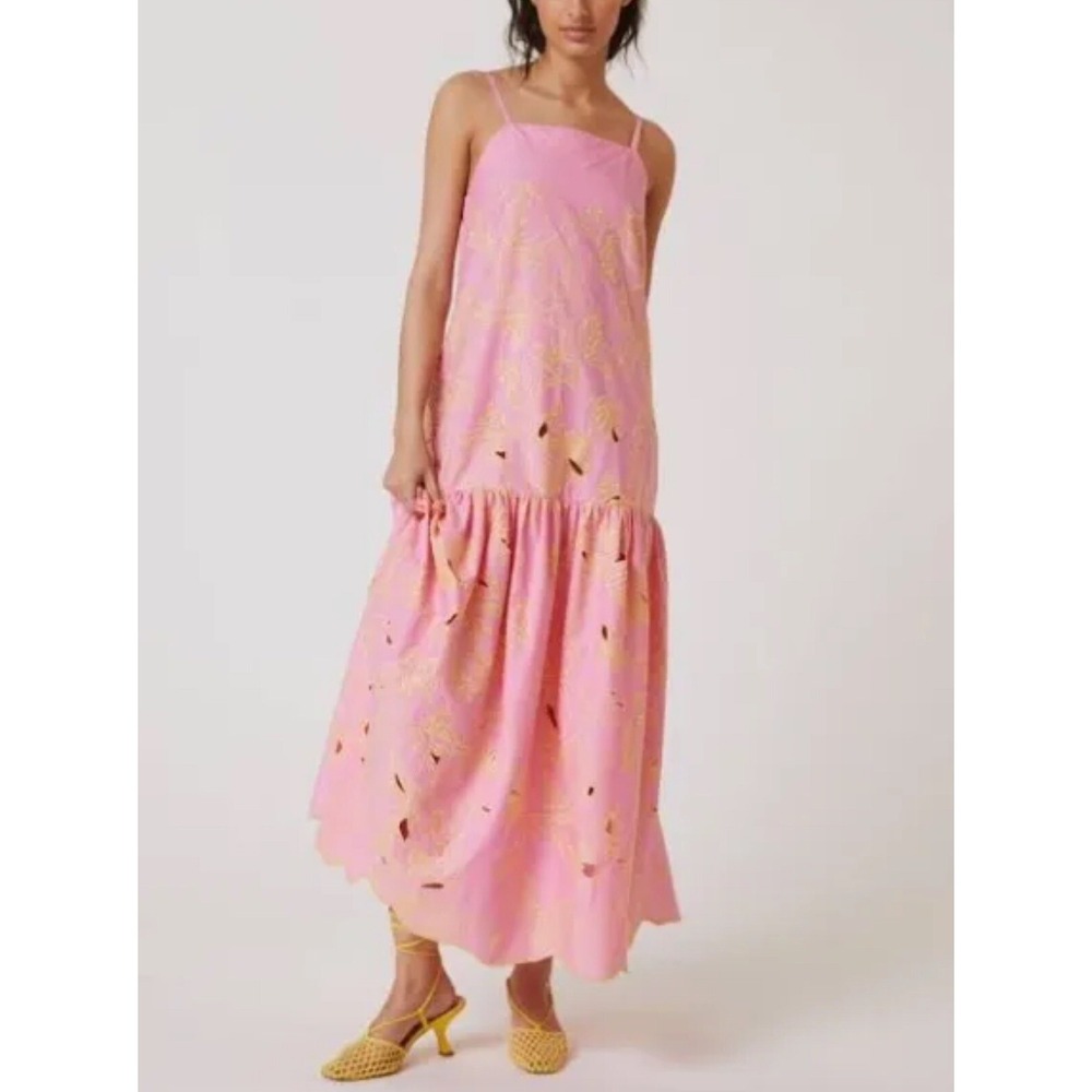 ANTHROPOLOGIE Beatrice B Embroidered‎ Pink  Yellow Square-Neck Maxi Dress 8 $637